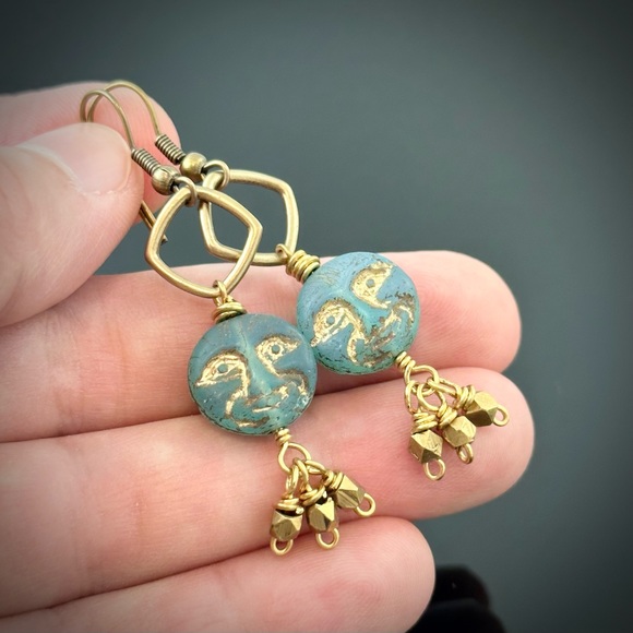 Blue Czech Glass Moon Face w/Brass Dangles, Handmade Artisan Celestial Earrings - Picture 7 of 12